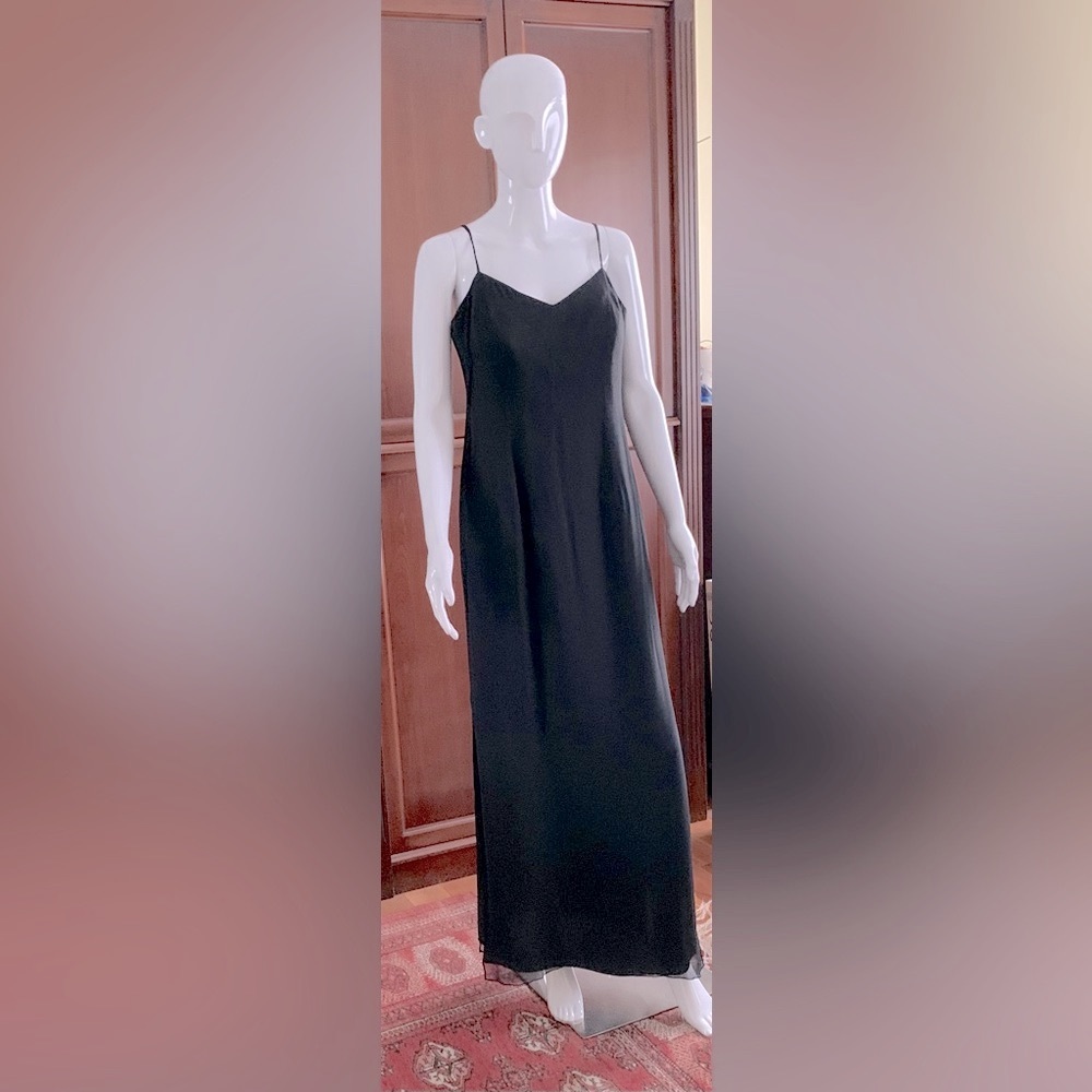 Silk & Cashmere 100% Silk black maxi dress party prom spaghetti straps Eur L